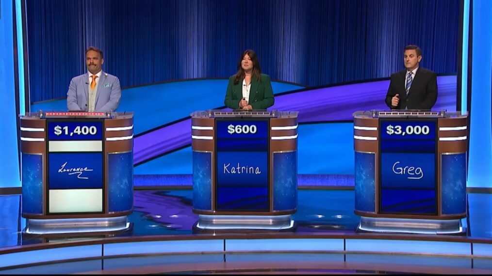 Jeopardy! Champions Wildcard Greg Marrero, Katrina Hill, and Lawrence Long on October 3, 2023