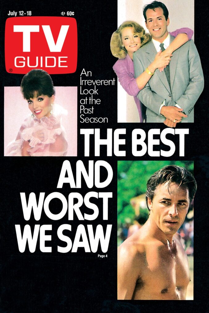 Clockwise from left: Joan Collins, Cybill Shepherd, Bruce Willis, Don Johnson, TV GUIDE cover, July 12-18, 1986