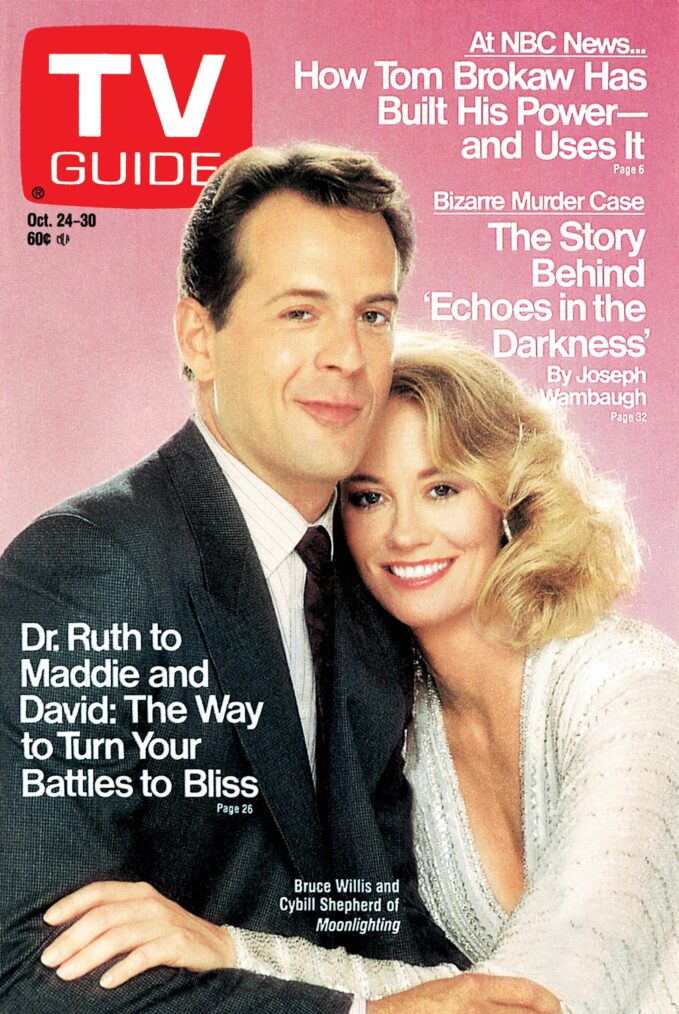 Cybill Shepherd and Bruce Willis of Moonlighting on TV Guide cover - October 24-30, 1987