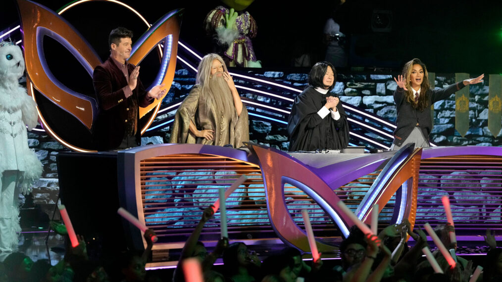 Robin Thicke, Jenny McCarthy, Ken Jeong, Nicole Scherzinger in costume on 'The Masked Singer'