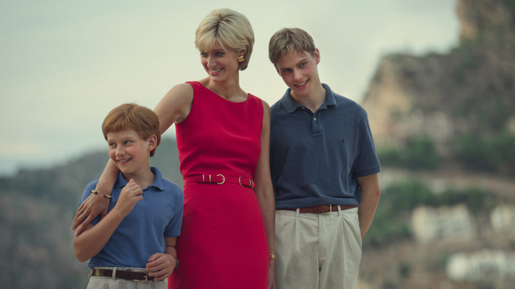 Fflyn Edwards as Prince Harry, Rufus Kampa as Prince William with Elizabeth's Debicki's Diana in The Crown - Season 6