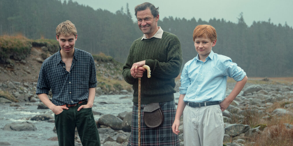 Rufus Kampa as William, Dominic West as Prince Charles, and Fflyn Edwards as Harry in The Crown - Season 6