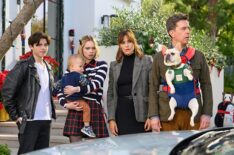 Brady Noon as Wyatt, Emma Myers as CC, Lincoln Alex Sykes, and Theodore Brian Sykes as Baby Miles, Jennifer Garner as Jess and Ed Helms as Bill in 'Family Switch'