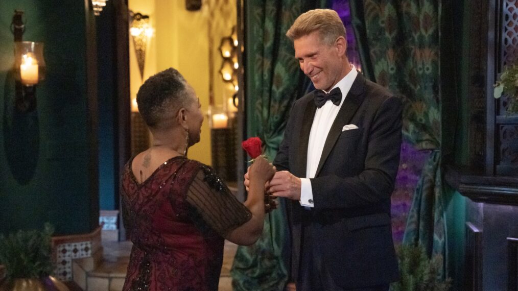 Gerry Turner gives a rose during the rose ceremony in 'The Golden Bachelor' premiere