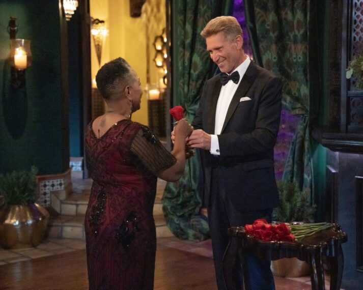 Gerry Turner gives a rose during the rose ceremony in 'The Golden Bachelor' premiere