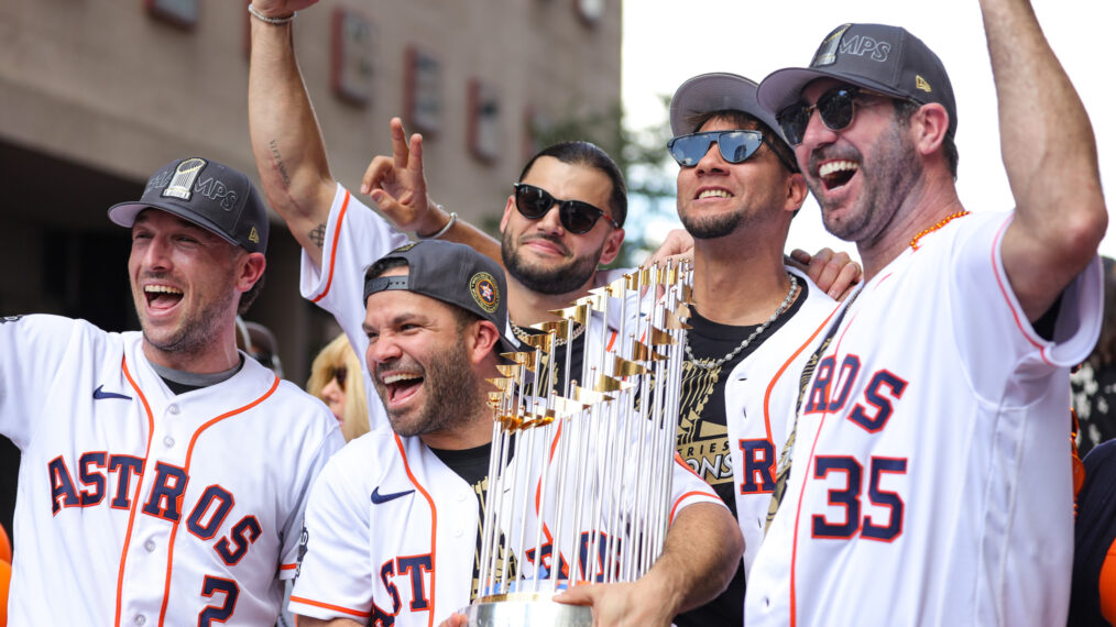 Jose Altuve #27, Alex Bregman #2, Justin Verlander #35, Yuli Gurriel #10 and Lance McCullers Jr. #43 of the Houston Astros participate in the World Series Parade on November 07, 2022 in Houston, Texas