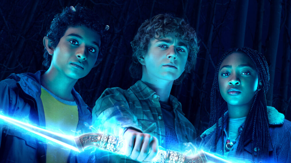 Aryan Simhadri as Grover, Walker Scobell as Percy Jackson, Leah Sava Jeffries as Annabeth in Disney+'s 'Percy Jackson and the Olympians' key art