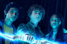 Aryan Simhadri as Grover, Walker Scobell as Percy Jackson, Leah Sava Jeffries as Annabeth in Disney+'s 'Percy Jackson and the Olympians' key art