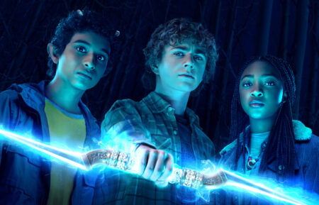 Aryan Simhadri as Grover, Walker Scobell as Percy Jackson, Leah Sava Jeffries as Annabeth in Disney+'s 'Percy Jackson and the Olympians' key art