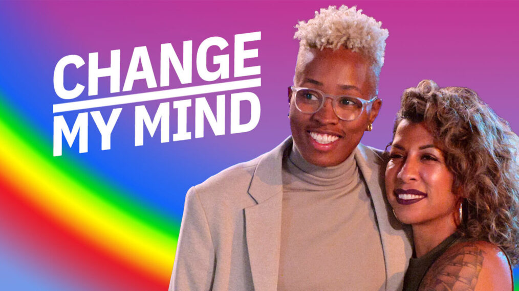 Mal and Yoly of 'The Ultimatum: Queer Love' in front of a rainbow backdrop with the title 'Change My Mind'