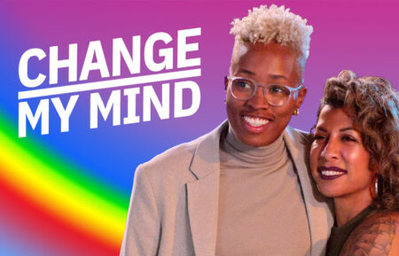 Mal and Yoly of 'The Ultimatum: Queer Love' in front of a rainbow backdrop with the title 'Change My Mind'