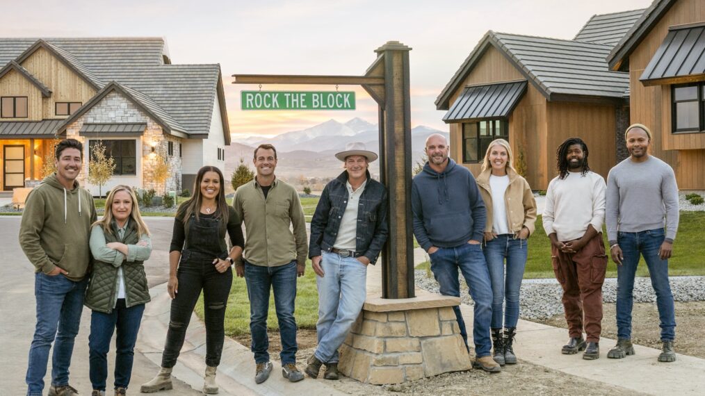 Jonathan Knight and Kristina Crestin, Page Turner and Mitch Glew, Bryan and Sarah Baeumler, and Anthony Elle and Michel Smith Boyd pose next to the Rock The Block sign, as seen on Rock the Block, Season 4.