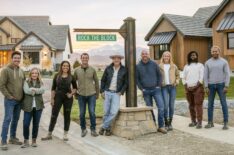 Jonathan Knight and Kristina Crestin, Page Turner and Mitch Glew, Bryan and Sarah Baeumler, and Anthony Elle and Michel Smith Boyd pose next to the Rock The Block sign, as seen on Rock the Block, Season 4.