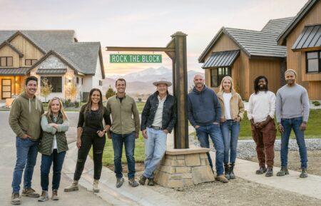 Jonathan Knight and Kristina Crestin, Page Turner and Mitch Glew, Bryan and Sarah Baeumler, and Anthony Elle and Michel Smith Boyd pose next to the Rock The Block sign, as seen on Rock the Block, Season 4.