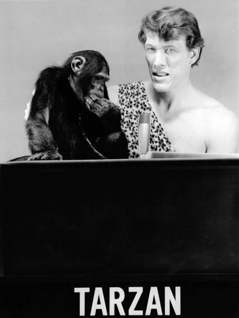 Ted Cassidy with chimp on 'Storybook Squares'