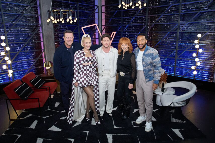 Carson Daly, Gwen Stefani, Niall Horan, Reba McEntire, and John Legend for 'The Voice'