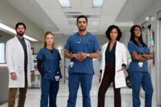 Jim Watson as Dr. Theo Hunter, Laurence Leboeuf as Dr. Magalie Leblanc, Hamza Haq as Dr. Bashir Hamed, Rekha Sharma as Dr. Neeta Devi, and Ayisha Issa as Dr. June Curtis in 'Transplant' Season 3