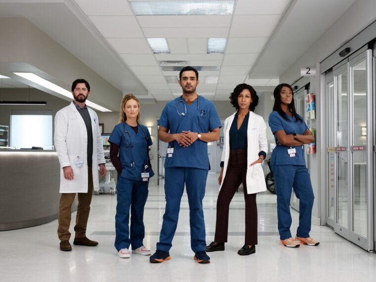 Jim Watson as Dr. Theo Hunter, Laurence Leboeuf as Dr. Magalie Leblanc, Hamza Haq as Dr. Bashir Hamed, Rekha Sharma as Dr. Neeta Devi, and Ayisha Issa as Dr. June Curtis in 'Transplant' Season 3 