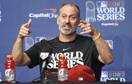 Manager Torey Lovullo of the Arizona Diamondbacks speaks to the media during the World Series Workout Day at Globe Life Field on October 26, 2023 in Arlington, Texas.