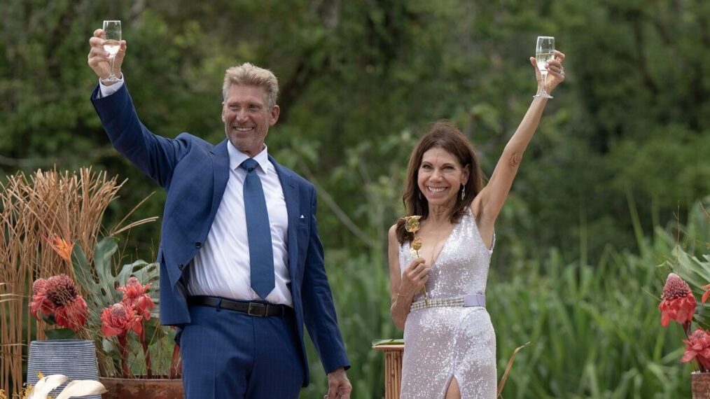 Gerry Turner and Theresa Nist raising champagne on The Golden Bachelor