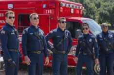 Oliver Stark, Peter Krause, Ryan Guzman, Kenneth Choi, and Aisha Hinds in '9-1-1'