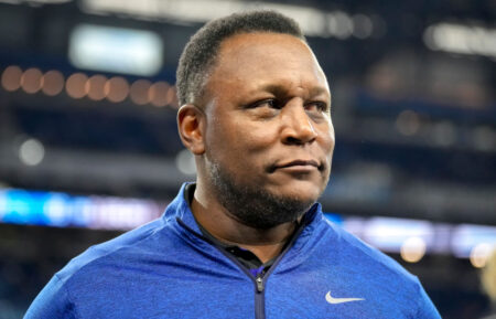 Former Detroit Lions player Barry Sanders looks on before the game between the Detroit Lions and the Seattle Seahawks at Ford Field on September 17, 2023 in Detroit, Michigan