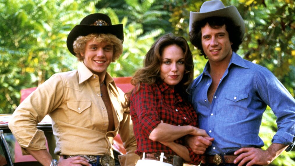 John Schneider, Catherine Bach, and Tom Wopat in 'Dukes of Hazzard'