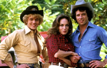 John Schneider, Catherine Bach, and Tom Wopat in 'Dukes of Hazzard'