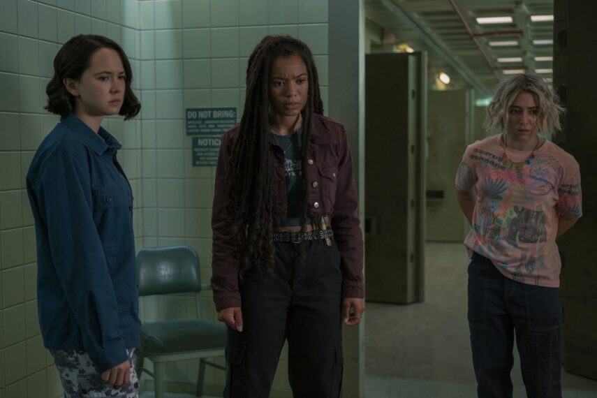 London Thor (Jordan Li), Jaz Sinclair (Marie Moreau), and Lizzie Broadway (Emma Meyer) in 'Gen V' Season 1