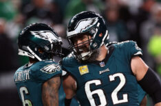 DeVonta Smith #6 and Jason Kelce #62 of the Philadelphia Eagles react following a touchdown by Smith against the Dallas Cowboys at Lincoln Financial Field on November 05, 2023 in Philadelphia, Pennsylvania.
