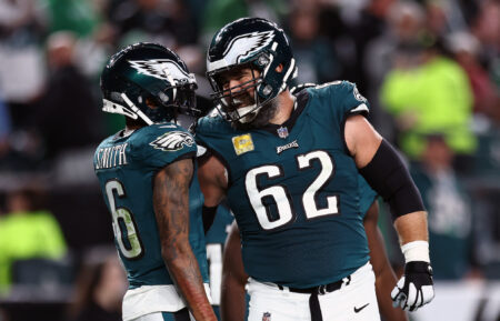 DeVonta Smith #6 and Jason Kelce #62 of the Philadelphia Eagles react following a touchdown by Smith against the Dallas Cowboys at Lincoln Financial Field on November 05, 2023 in Philadelphia, Pennsylvania.