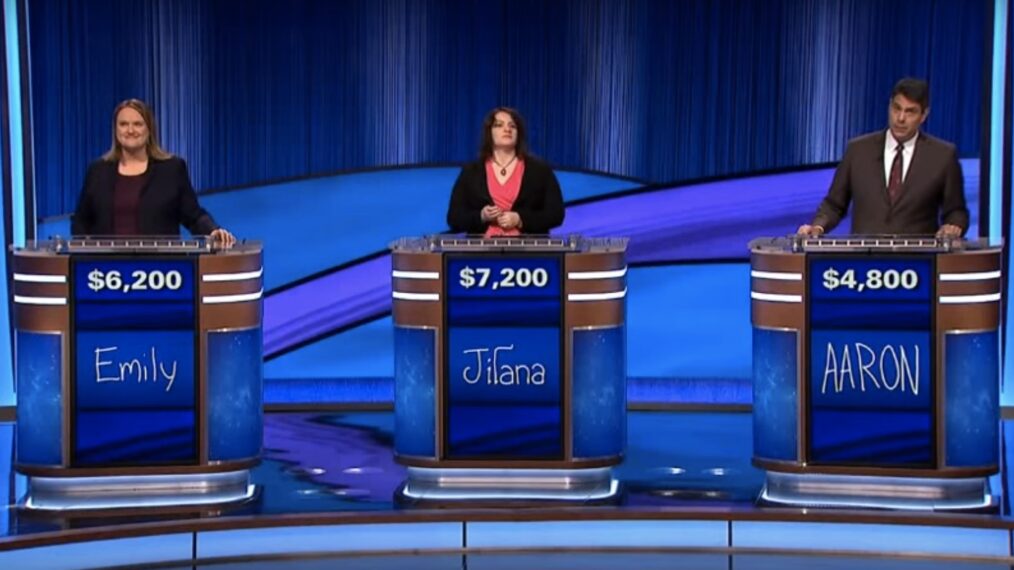 Emily Sands, Jilana Cotter, and Aaron Craig playing in the 'Jeopardy' Champions Wildcard tournament final