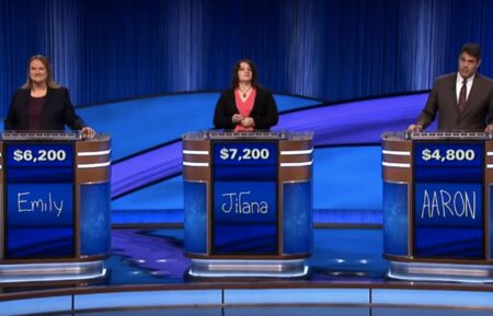 Emily Sands, Jilana Cotter, and Aaron Craig playing in the 'Jeopardy' Champions Wildcard tournament final