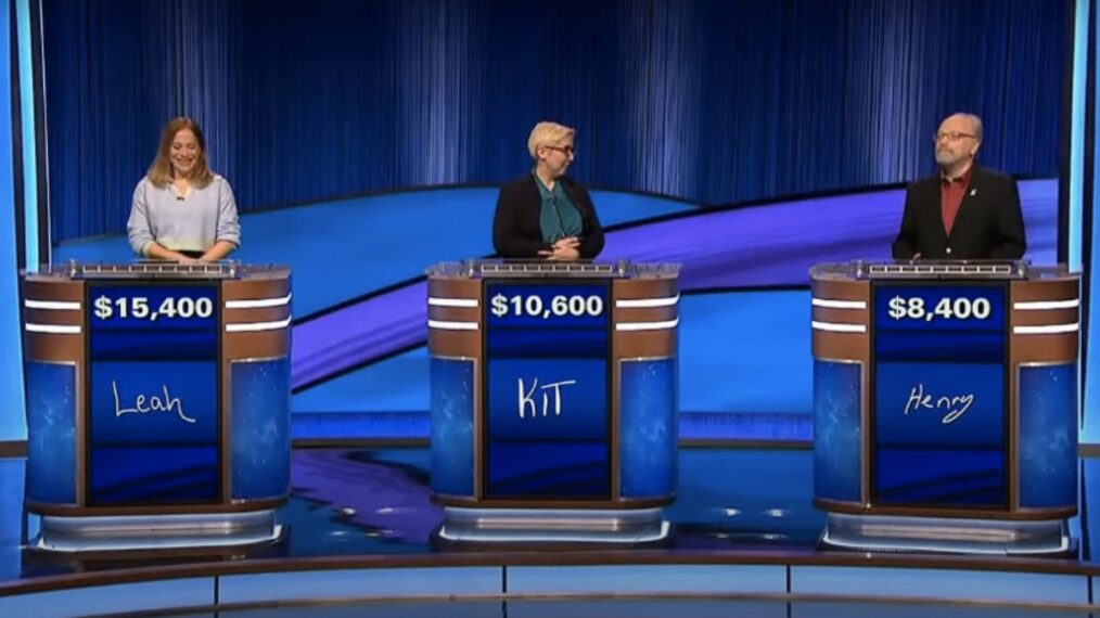 Lea Caglio, Kit Sekelsky, and Henry Rozycki playing in the November 15, 2023 episode of 'Jeopardy!'