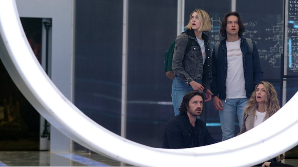 Eoin Macken as Gavin Harris, Zyra Gorecki as Izzy Harris, Josh Martin as Jack Harris, Natalie Zea as Eve in 'La Brea' - Season 2, 'The Journey Part 2'