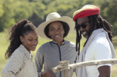 Demi Singleton as Sally Reeves, Lauren E Banks as Jennie Reeves, and Damian Marcano, director, on set of 'Lawmen: Bass Reeves' Season 1 Episode 5