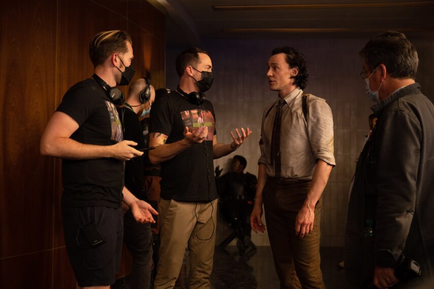 Aaron Moorhead and Justin Benson with Tom Hiddleston behind the scenes of 'Loki' Season 2
