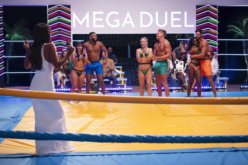 Maya Jama, Aurelia Lamprecht, Johnny Middlebrooks, Deb Chubb, Callum Hole, Justine Ndiba, Jack Fowler in the 'Love Island Games' megaduel in Season 1 finale