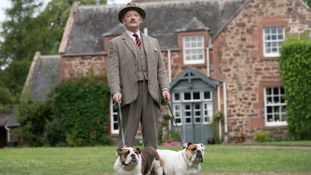 Douglas Henshall as Major Horton walking bulldogs in 'Murder Is Easy'