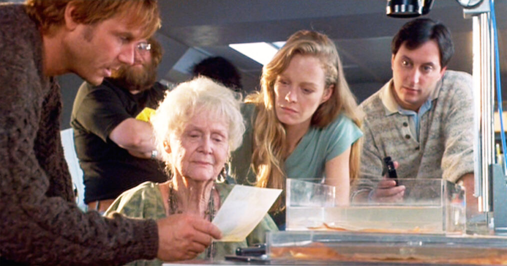 From left, Bill Paxton as Brock Lovett, Gloria Stuart as Rose Calvert, Suzy Amis as Lizzy Calvert and Nicholas Cascone as Bobby Buell in Titanic