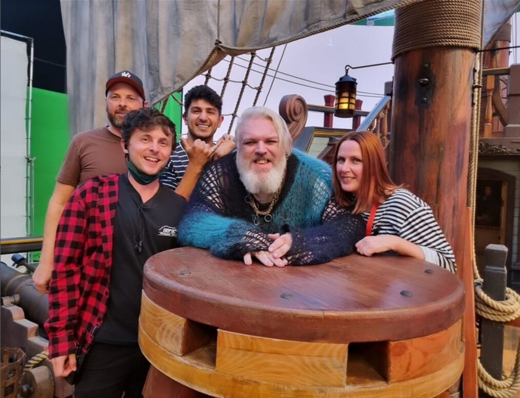 Kristian Nairn behind the scenes of 'Our Flag Means Death' Season 2 with crew members