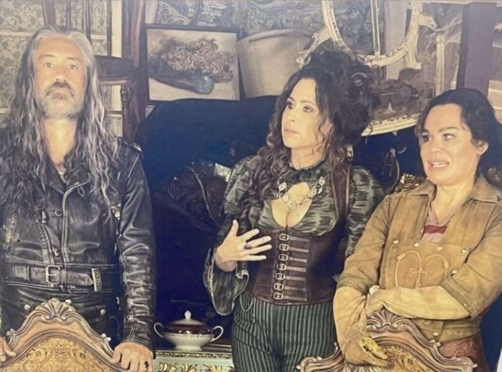 Taika Waititi, Minnie Driver, and Rachel House behind the scenes of 'Our Flag Means Death' Season 2