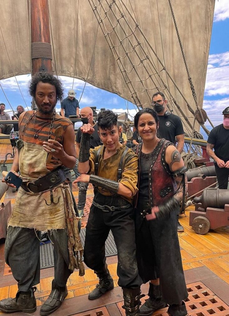 Samba Schutte, Vico Ortiz, and Madeleine Sami behind the scenes of 'Our Flag Means Death' Season 2