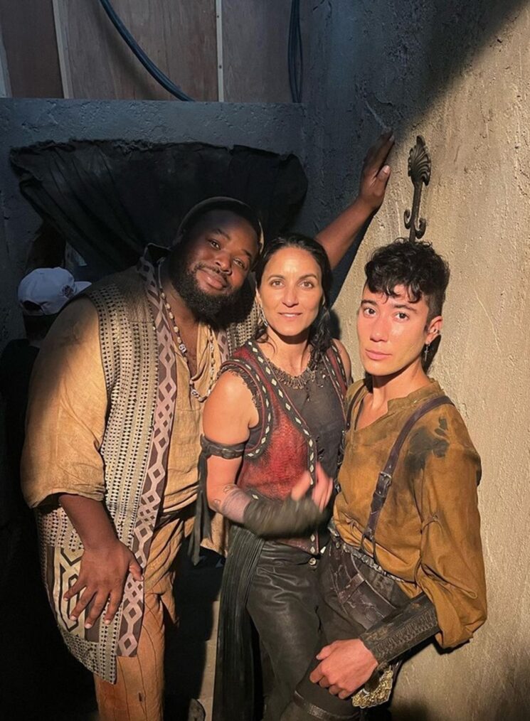 Samson Kayo, Madeleine Sami, and Vico Ortiz behind the scenes of 'Our Flag Means Death' Season 2