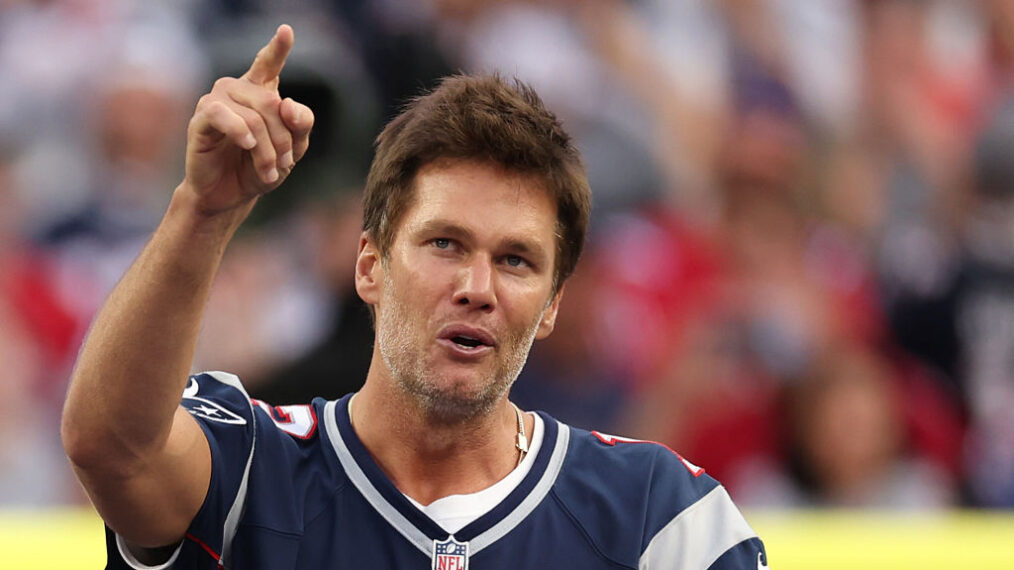 Former New England Patriots quarterback Tom Brady speaks during a ceremony honoring him at halftime of New England's game against the Philadelphia Eagles at Gillette Stadium on September 10, 2023 in Foxborough, Massachusetts