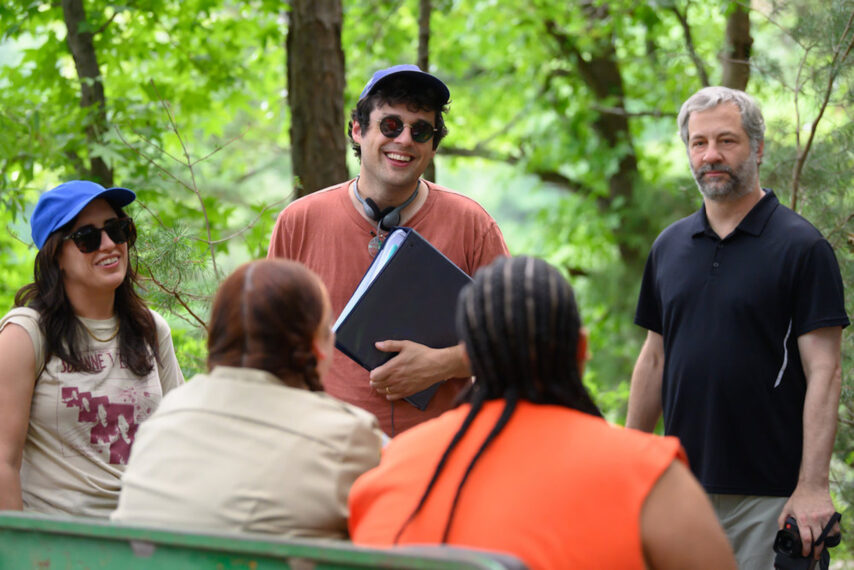 (L-R) Albertina Rizzo, Paul Briganti, Judd Apatow on set of 'Please Don't Destroy: The Treasure of Foggy Mountain'