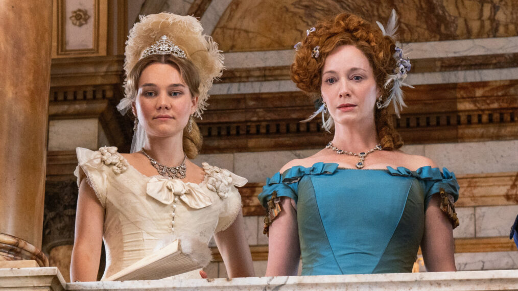 Imogen Waterhouse as Jinny St. George and Christina Hendricks as Mrs. St. George in 'The Buccaneers'