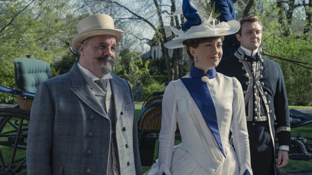 Nathan Lane as Ward McAllister and Carrie Coon as Bertha Russell in 'The Gilded Age' - Season 2, Episode 2