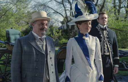 Nathan Lane as Ward McAllister and Carrie Coon as Bertha Russell in 'The Gilded Age' - Season 2, Episode 2