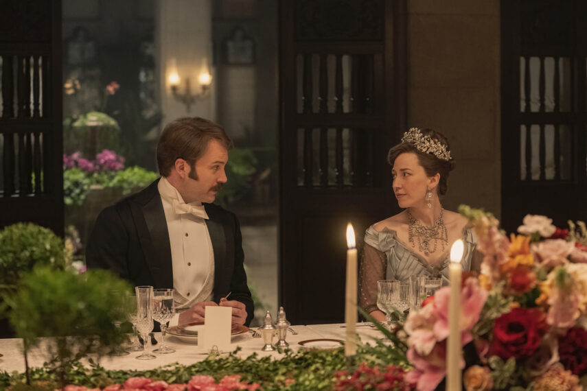 Ben Lamb as the Duke of Buckingham and Carrie Coon as Bertha Russell in 'The Gilded Age' Season 2 Episode 4